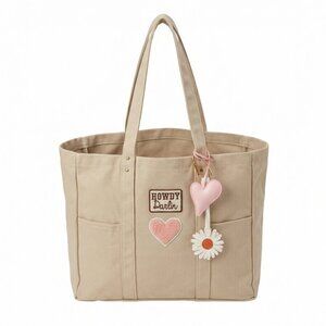 Large Tan Cotton Tote Bag embellished with patches and charms